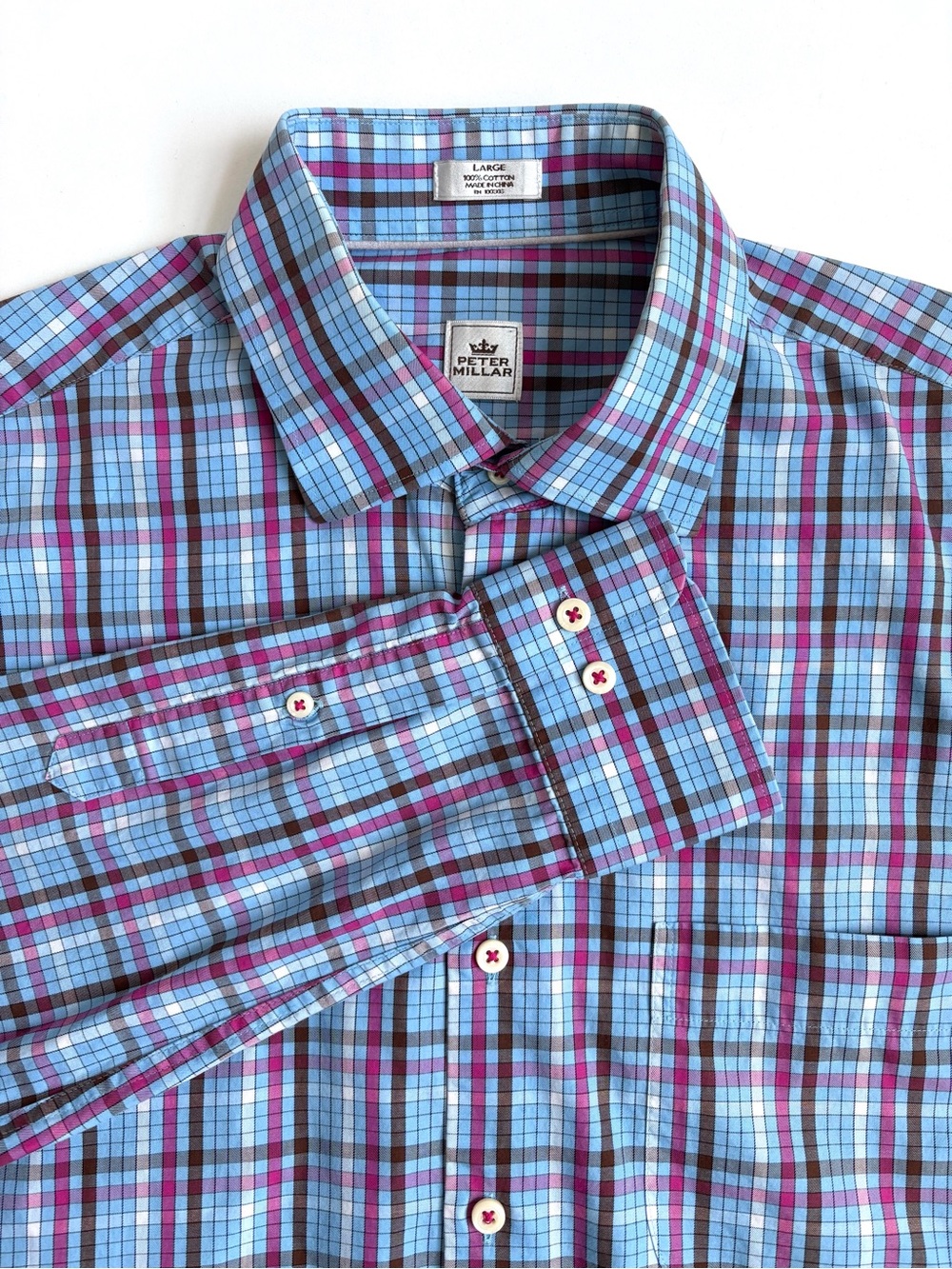 Peter Millar Plaid Button-Down Longsleeve Shirt Blue and Plink Size Large